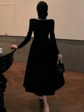 Nukty Autumn Winter Black Velvet Midi Dress Women France Vintage Long Sleeve Square Collar Birthday Party A-Line Vestidos Female Robe