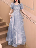 Nukty Customized Fairy Exquisite Square Collar Puff Sleeve Elegant Sleeve Floral Appliques Bow Slim Waist A-line Vestidos Wave Edge Ti