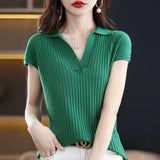Nukty Spring and Summer New Cashmere Sweater Polo collar Women's Short sleev Knitted Sweater Loose Thin Pullover Short-Sleeved