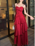 Nukty Fashion Elegant Ruffles Spaghetti Strap Women's Dresses Slim Wasit Wedding Graduation Party Vacation Tiered Midi Dress Summer