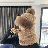 Nukty Winter Scarf Set Hooded for Women Plush Neck Warm Russia Outdoor Ski Windproof Hat Thick Plush Fluffy Beanies