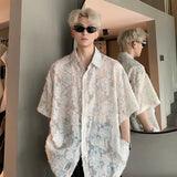 Nukty Transparent Floral Handsome Shirts Summer Thin Fashion Casual Streetwear Loose Shirt Breathable Short Sleeve Men's Clothing