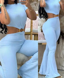 Nukty Summer Woman Long Jumpsuits Elegant Sexy O-Ring Decor Cutout Short Sleeve Jumpsuit New Fashion Casual One Pieces