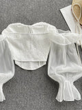 Nukty Summer Off Shoulder Tops Women Long Sleeves Solid Zipper Elastic Waist Tops Spring Fashion Ruffle Short Sexy Shirts
