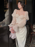 Nukty Elegant Party Dresses For Women Vintage Long Dress Off Shoulder Long Sleeve Autumn Spring Prom Robe Slim One Piece Vestidos New