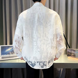 Nukty Summer Fashion White Mesh Shirt  Men Transparent Printing Casual Loose Long Sleeve Tops Streetwear Lapel Party Clubwear Tops