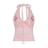 Nukty Pink Floral Embroidery Halter Tank Top Cute Coquette Lace Stitching Bow V-neck Crop Top Women Casual Tees Summer Vest y2k