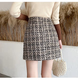 Nukty Fall Winter Plaid Tweed Skirt Womens Thick Woolen Pearl Button Front Pocket Glitter Mini Skirt Saia Feminina