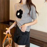 Nukty Summer Flower Embroidery T Shirt Women Korean Style Short Sleeve Knitted T-Shirt Woman All Match Round Neck Tee Tops