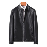 Nukty New Men Leather Jacket Classic Slim Fit Motorcycle PU Leather Jacket Solid Color Standing Collar Men Large Black Leather Jacket