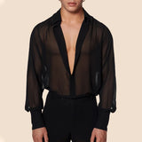 Nukty Men's Clothing Mesh See Through Mesh Sexy Long Sleeve Shirt Solid Color Button-down Vintage Streetwear Retro Party Tops S-XL