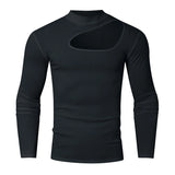 Nukty Autumn Clothing Men's Bodysuits Hollow Out Turtleneck Long Sleeve T Shirt Streetwear Sexy Solid Color Ripped Fashion Basic Shirt