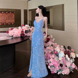 Nukty Women's Sexy Blue Evening Gown Luxury Dresses Slim Backless V-Neck Split Maxi Dress Fashion Robe Birthday Party Spring Autumn