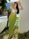 Nukty Summer Elegant Solid Skirt Suits Sexy Spaghetti Strap Floral Top + Slim Waist Long Skirt Holiday Beach Womens Two Pieces Set New