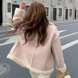 Nukty Pink Sherpa Cashmere Jacket Ladies Short Winter Fur Solid Color Loose Stitching Long Sleeve Small Korean Style Thickening New