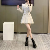 Nukty Women Spring and Autumn New Doll Neck Pleated Skirt Fashion Sweet Youth Style Solid Button Ruffle Edge Long Sleeve A-line Skirt