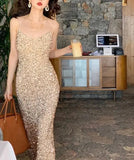 Nukty Women Sexy Sequin Strap Dresses Spring Summer Elegant Vintage Party Club Dress Korean Fashion One Piece Clothes