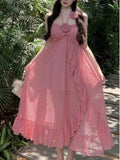 Nukty Sweet Ruffles Birthday Party Midi Dress Elegant Halter Spaghetti Strap Princess Evening Dresses Summer A-line Casual Vestidos