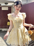 Nukty French Elegant Y2K New Preppy Style Mini Dress Sweet Yellow Lace Puff Sleeves Square-Collar A-Line Slim Wasit Woman Dresses