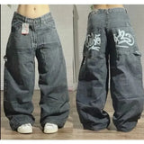 Nukty New American Harajuku Retro Straight High Waist Y2K Street Style Women Washed Blue Pockets Baggy Jeans Gothic Wide Pants