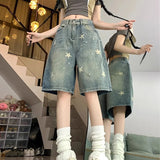 Nukty Y2K Star Printed Denim Shorts Women Fashion High Waist Wash Knee Length Jeans Bf Summer Streetwear Loose Wide Leg Pants