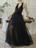 Nukty French Elegant Black Midi Women's Evening Dresses Mesh V-Neck Backless Halter Sequin Vestidos Spring Summer Prom Female Clothes