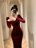 Nukty NEW YEAR DRESS TO IMPRESS Autumn Winter Dresses Women Elegant Sexy Square Collar Slim Long Sleeve Vintage Velvet Dress Female French Style Chic