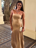 Nukty Women Solid Pleated  Hem Patchwork Long Dress Fashion Backless Strapless Sleeveless Slim Maxi Dresses Sexy Vocation Streetwear