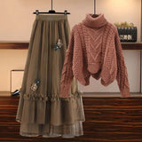 Nukty Winter Warm Two Pieces Sets For Women Outfits Turtleneck Pullover Knitted Twist Sweater+ruffles Patchwork Mesh Skirts Set