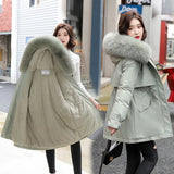 Nukty Women Parka Fashion Long Coat Wool Liner Hooded Parkas New Winter Jacket Slim with Fur Collar Warm Snow Wear Padded Clothes