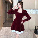 Nukty Korean Velvet Mini Dress Elegant Long Sleeve Square Collar Patchwork A-Line Birthday Party Vestidos High Waist Female Dresses