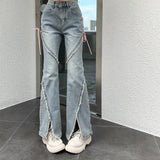 Nukty American Split Jeans Women Pink Bandage High Waist Irregular Spliced Denim Pants Zipper Fly Trousers Y2k Pantalon Femme
