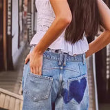 Nukty Jeans Women Print Long Pants Casual Loose Denim Blue Mom Heart Mid Waist Wide Leg Pant Trousers Pocket Button Y2k Splice