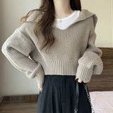 Nukty Rimocy Long Sleeve Cropped Sweater Women Autumn Winter Turn Down Collar Knitted Jumper Woman Korean Style Solid Color Jerseys
