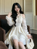 Nukty Elegant Off Shoulder Halter Ruffles Mini Dress Women Autumn Solid Fairy Long Sleeve A-Line Pleated Vestidos Mujer Korean Clothes