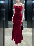 Nukty DRESS TO IMPRESS Sexy Vintage Split Velvet Spaghetti Strap Midi Dresses for Women Korea Summer French Elegant Wedding Party Female Clothing