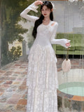 Nukty Elegant Fairy Womens Dresses Knitted Patchwork Flare Sleeves Princess Cake Long Dress Autumn Party Prom A-Line Vestidos Robe New