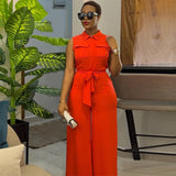 Nukty Spring Summer Sleeveless Wide Leg Jumpsuit Women Turn-down Neck Pocket Front Zipper Fly Street One Piece Suit Playsuits