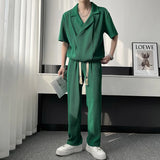 Nukty Summer Pleated Sets Men Fashion Casual Short Sleeved T shirt/Trousers Two-piece Mens Korean Loose Ice Silk Sets Men 3-color