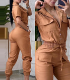Nukty Women's Casual Short Sleeve Pocket Design Cuffed Cargo Jumpsuit Summer New Female Clothes Fashion Drawstring Jumpsuits