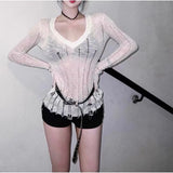 Nukty Coquett Y2K Women's Knit Sweater Hollow Out Knitwear V Neck Pullovers Spring See Through Jumper Harajuku Fashion Grunge