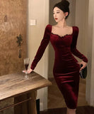 Nukty NEW YEAR DRESS TO IMPRESS Autumn Winter Dresses Women Elegant Sexy Square Collar Slim Long Sleeve Vintage Velvet Dress Female French Style Chic