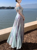 Nukty Summer Print Fairy Slash-Neck Ruffles Chiffon Long Dress Elegant French Romantic Princess Slim Wasit Sling Dresses Robe