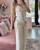 Nukty Two Piece Set Women Outfit Summer Fashion Double Breasted Chain Strap V-Neck Cami Top & Casual Daily Straight Leg Pants Set