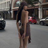 Nukty Harajuku Low-cut Backless Casual Mini Dress Vintage Ring Bandage Pleated Slim Dresses  Party Fashion Street Vestidos