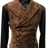 Nukty Vintage Red Suede Suit Vest Men Waistcoat Stand Collar Solid Color Double Breasted Slim-Fit Vest Steampunk Gilet Homme