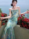 Nukty Summer Spring Mermaid Dress for Women Elegant Spaghetti Strap Princess Bodycon Evening Dresses Slim Waist Lace-up Vestidos Robe
