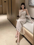 Nukty DRESS TO IMPRESS French Summer Lace Suit Women's New White Holiday Sunscreen Cardigan Tops And Vintage Backless Pleated Slip Dress Two-piece Sets