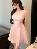 Nukty Korean Sweet Mini Dress for Women Elegant Spaghetti Strap Slash Neck Sleeveless Birthday Party Dresses A-line Short Vestidos New