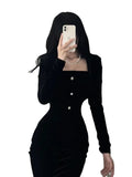 Nukty French Black Lace Square Neck Wrap Hip Fishtail Dress Spring Korean Women Vintage Slim Evening Party Velvet Long Dresses